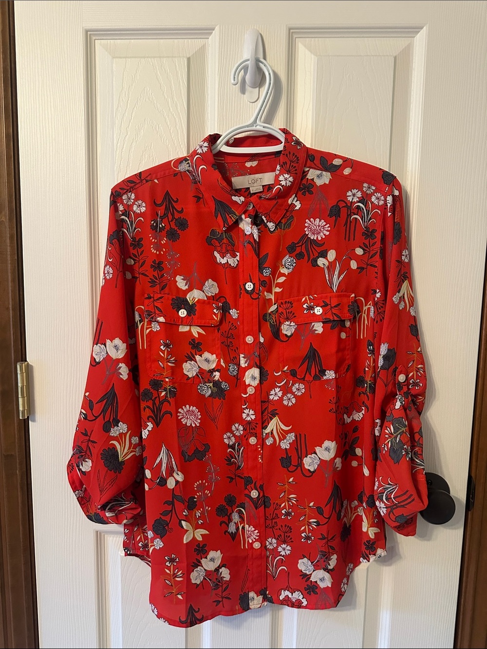 LOFT Red Floral Button-Down Shirt